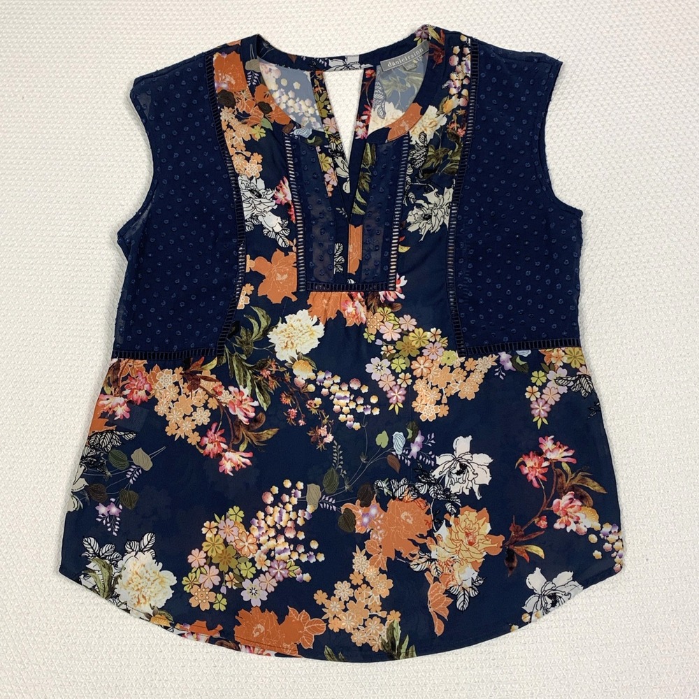 Daniel Rainn Floral Knit Top Womens Medium Navy Blue Crochet Cap Sleeve Blouse